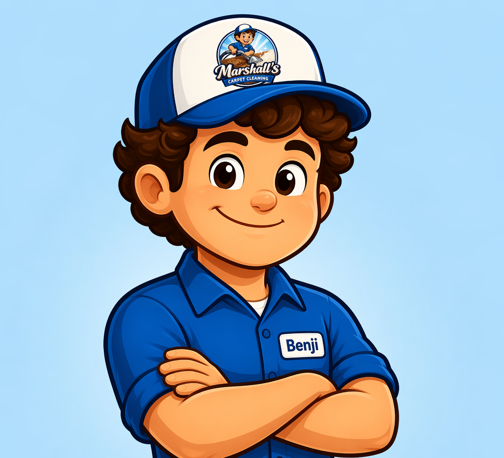 Cartoon character of a young man with curly brown hair, wearing a blue uniform with a name tag that says Benji, and a blue and white cap with a logo for Marshall's Carpet Cleaning.