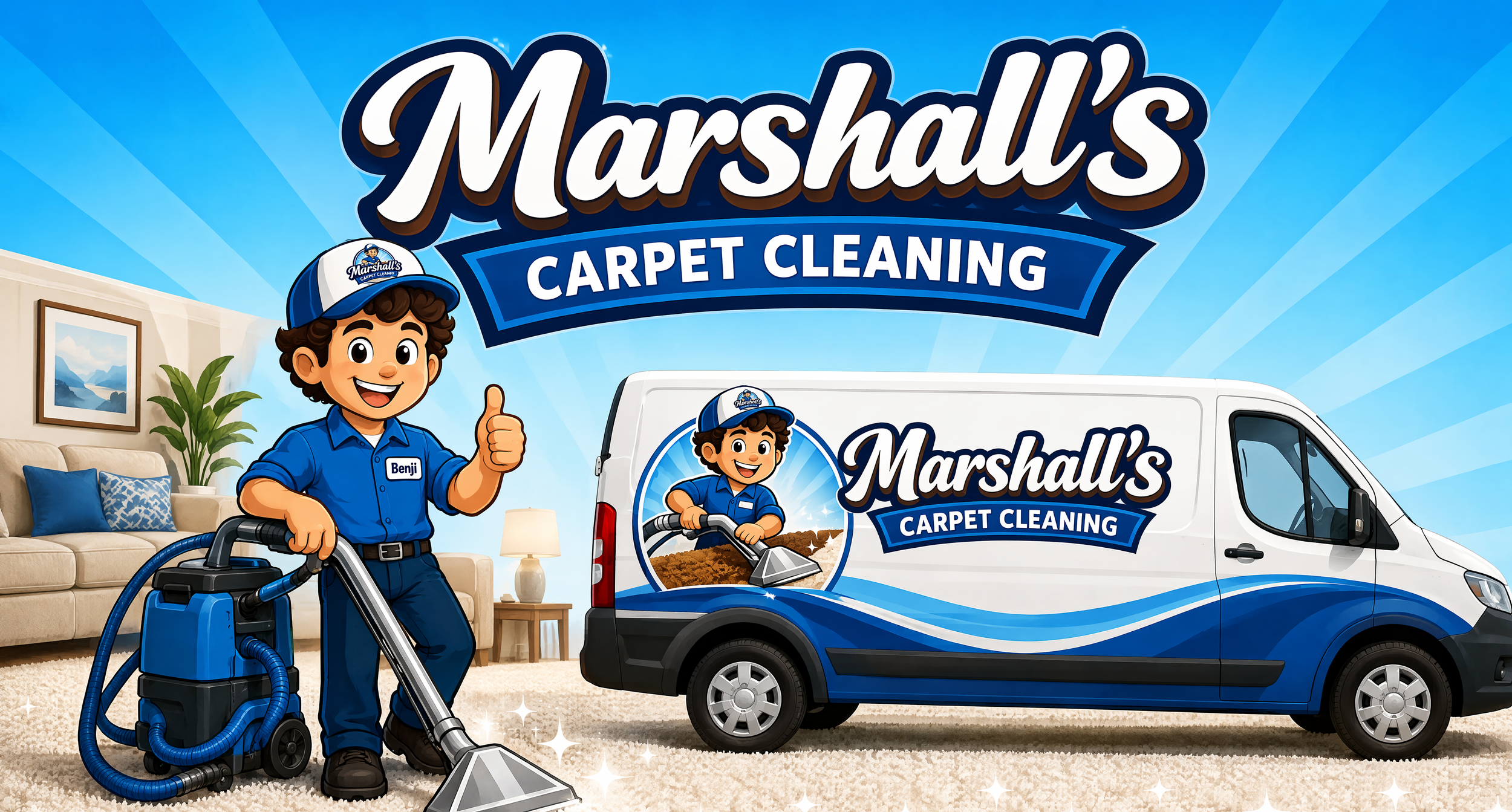 Illustration of a cartoon character named Benji in a blue uniform and cap, standing inside a house, giving a thumbs up. He is holding a vacuum cleaner. A decal of the character is on the side of a white van labeled 'Marshall's Carpet Cleaning'. The background includes a living room with a beige couch, blue pillows, a lamp, and a framed picture on the wall. The signage reads 'Marshall's Carpet Cleaning' with a blue banner.
