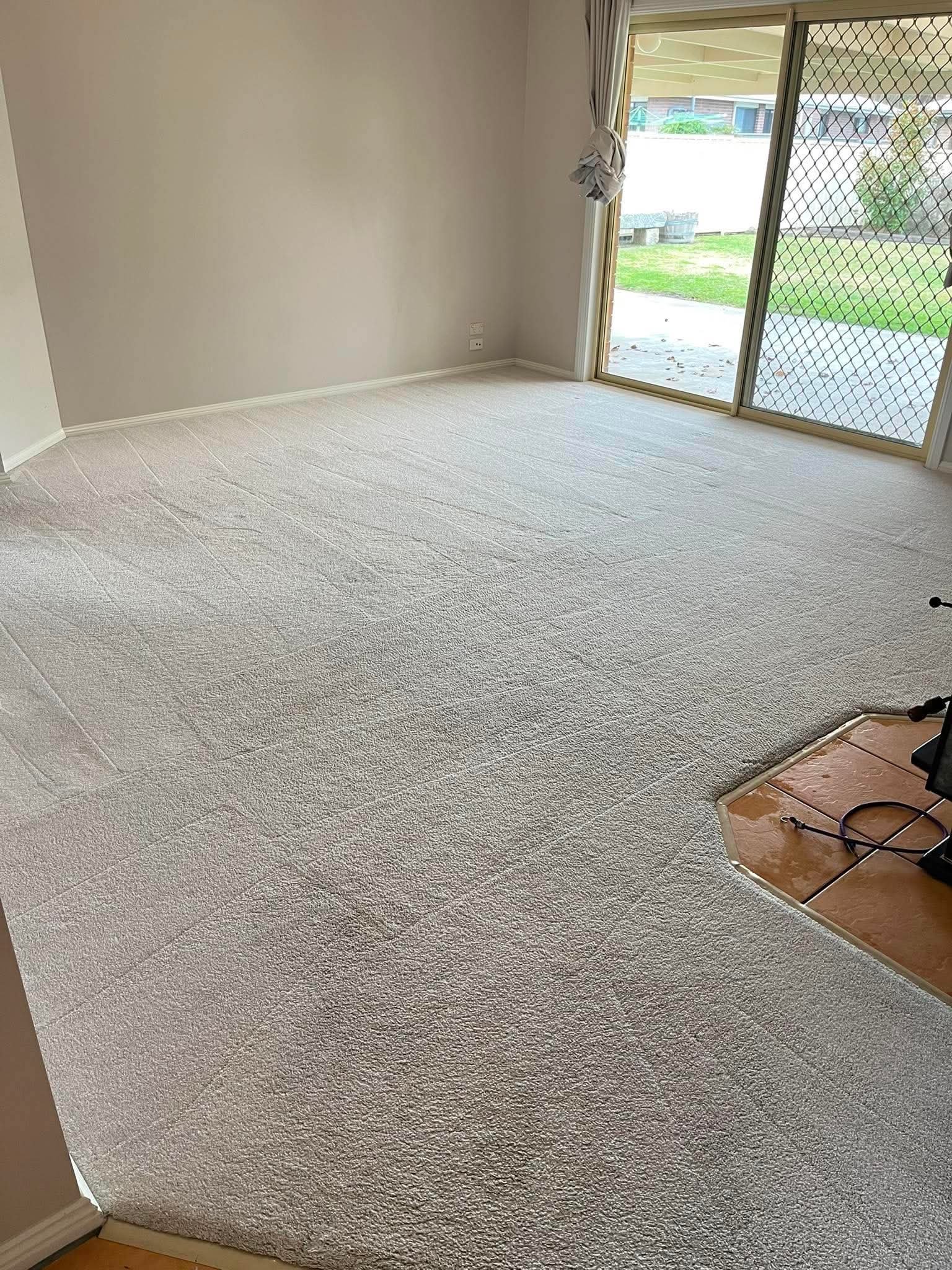 Empty room with beige carpet, a sliding glass door leading outside, and an uncovered doorway showing a wooden floor area with some wires and a jack.
