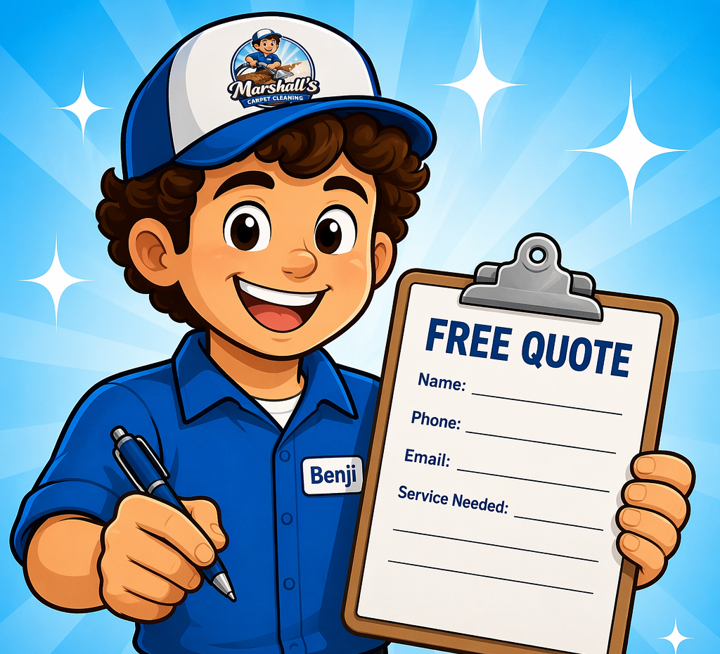 Cartoon technician named Benji holding a clipboard with a free quote form, smiling, wearing a blue uniform and cap with a Marsha's Carpet Cleaning logo, against a blue background with white stars.