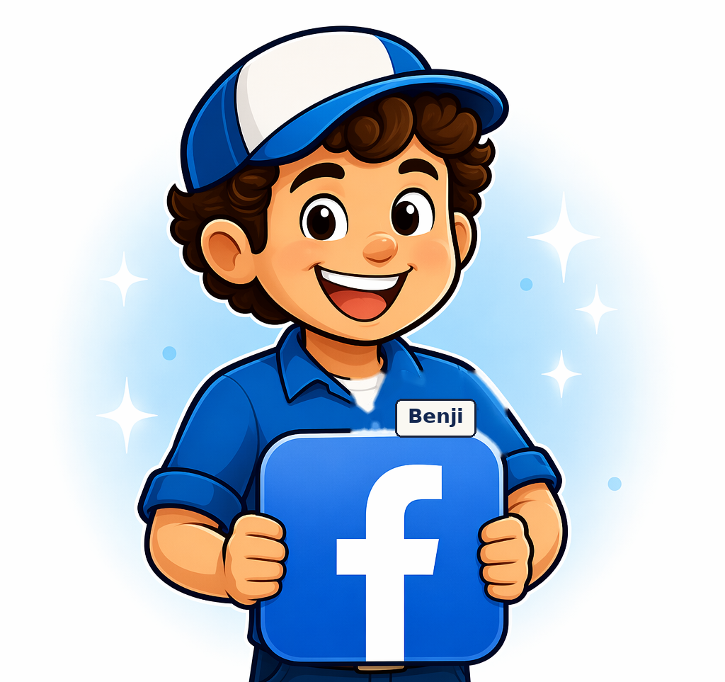 Cartoon illustration of a young boy with curly hair, wearing a blue cap and blue shirt, holding a Facebook logo sign with a name tag that says 'Benji', smiling happily.