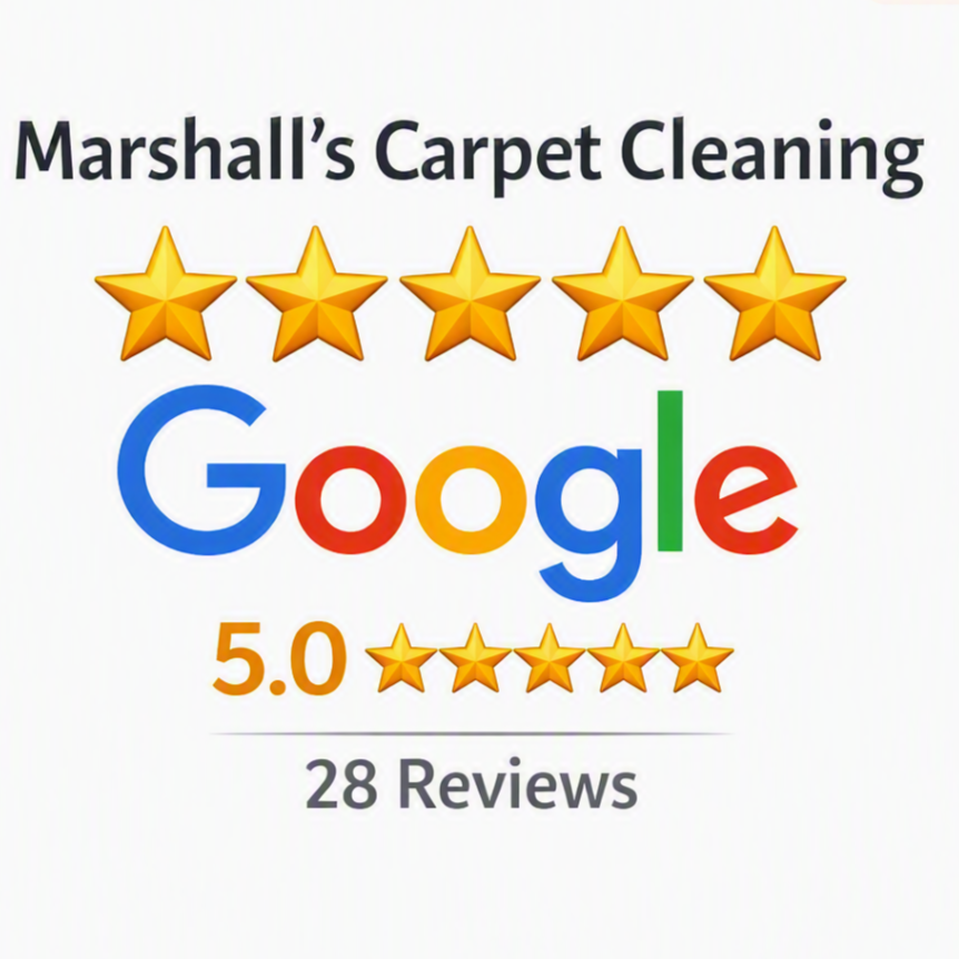 Review for Marshall's Carpet Cleaning with a five-star rating, Google logo, 5.0 average review score, and 28 reviews.