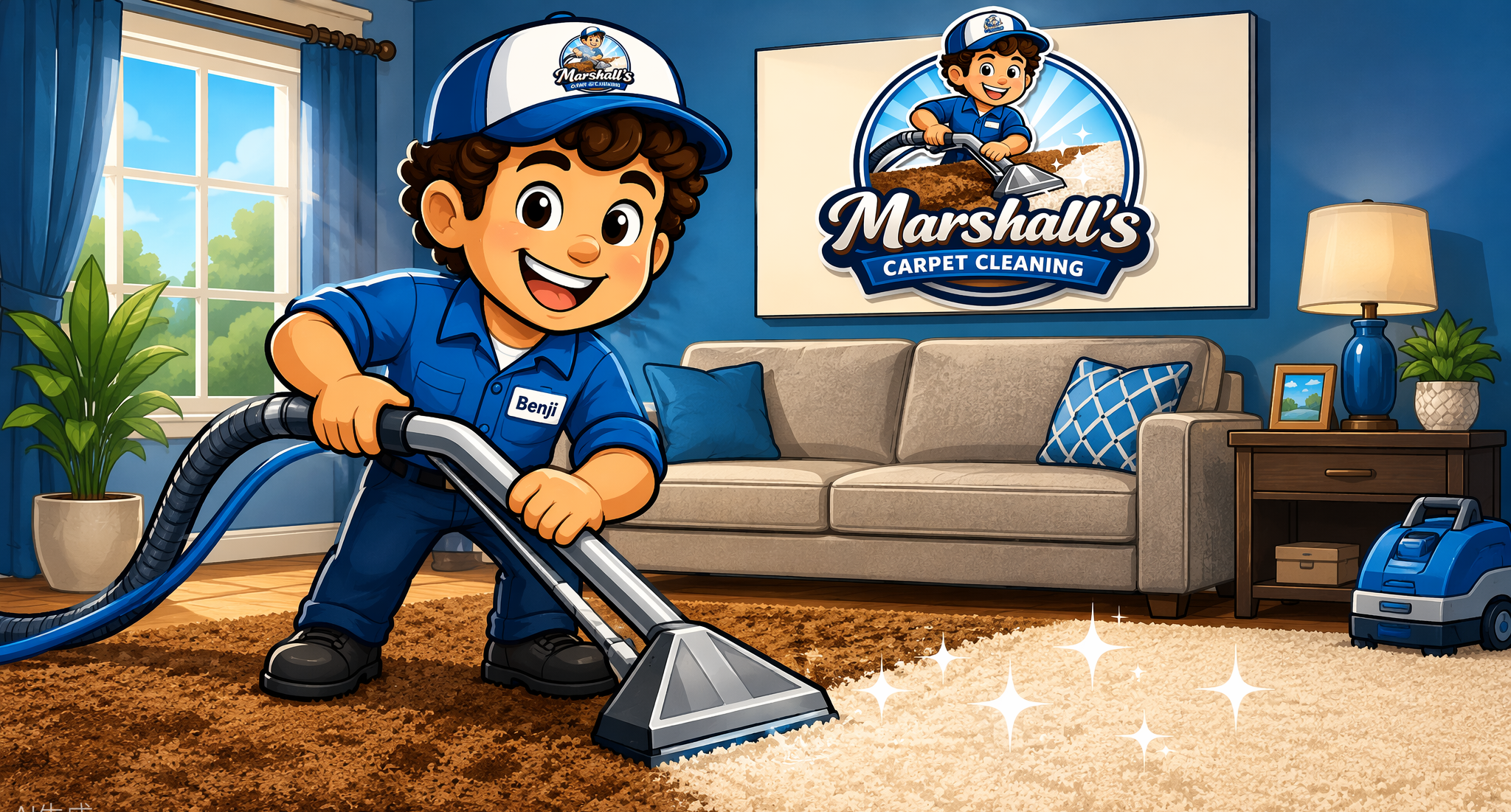 Animated boy with curly hair wearing a blue mechanic uniform and cap labeled 'Marshall's Carpet Cleaning,' vacuuming a brown rug in a living room with blue walls, a large window, and decorative plants.