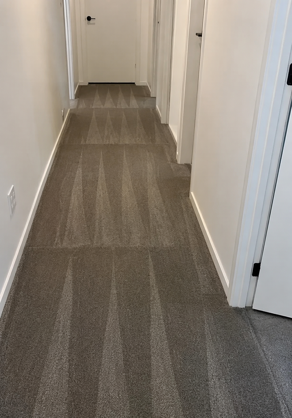 Hallway with beige walls, gray carpeted floor, and white doors on both sides, leading to a white door at the end of the hallway.