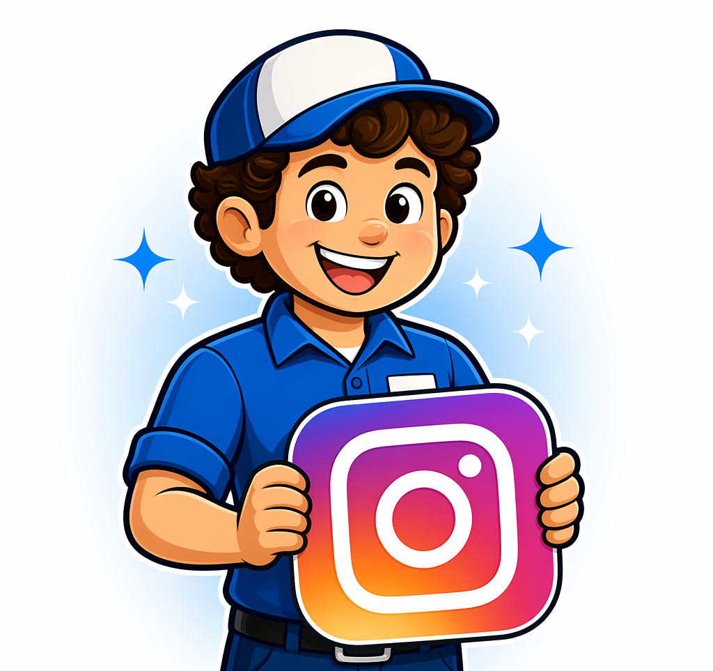 A cartoon boy wearing a blue uniform and a blue cap holding an Instagram logo sign, smiling happily.