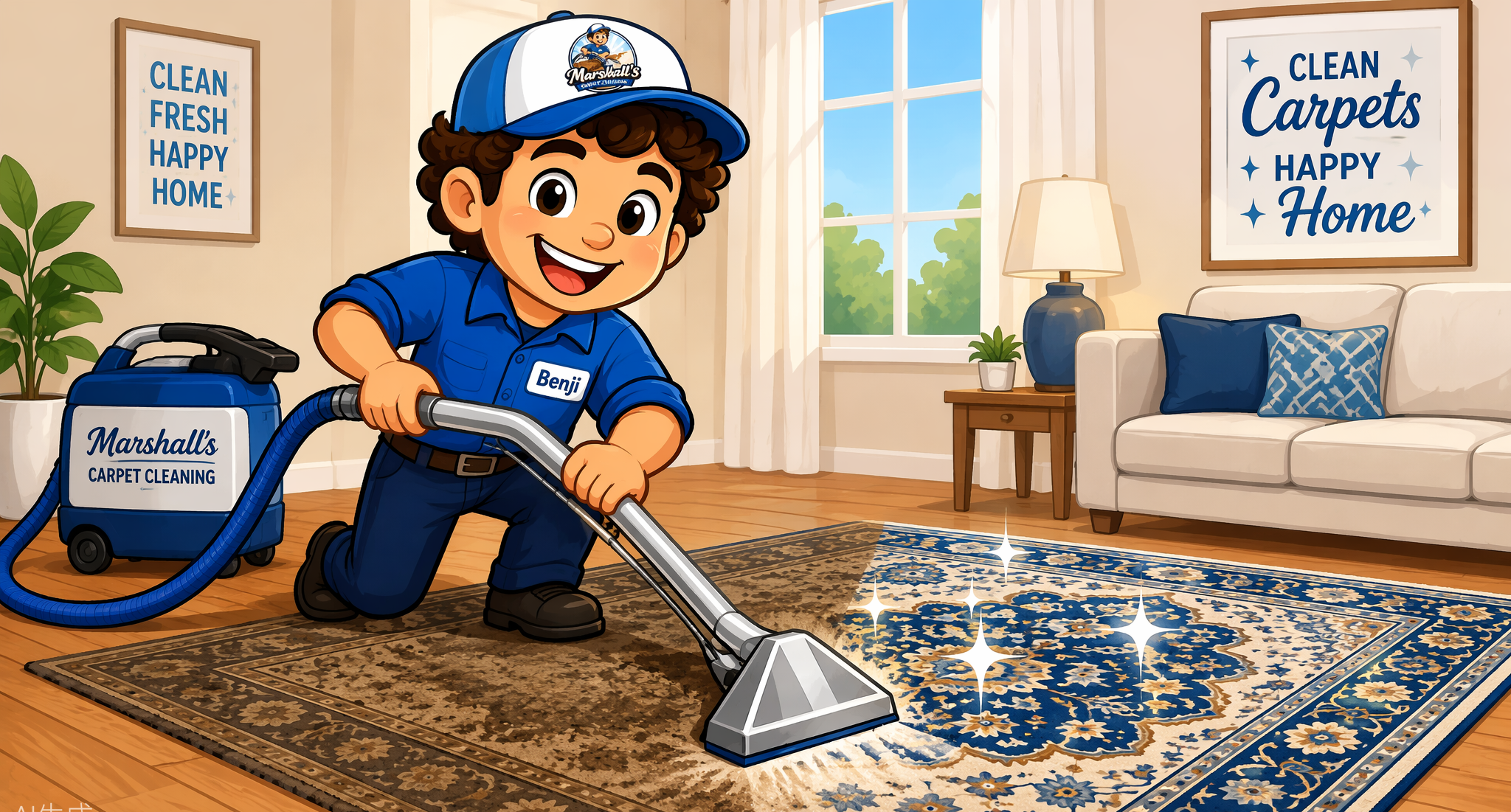A cartoon boy named Benji, wearing a blue uniform and cap with the Marshall's Carpet Cleaning logo, is vacuuming a patterned area rug in a living room. There are framed wall art and houseplants in the background, with a bright window showing green trees outside.