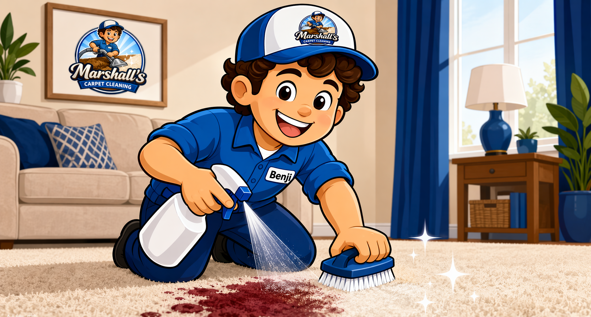Cute cartoon boy with curly hair wearing a blue shirt, cap, and a name tag that says 'Benji', cleaning a red spill on a beige carpet with a spray bottle and brush, inside a living room with a beige sofa, pillows, potted plants, and a window with blue curtains, with a framed Marshall's Carpet Cleaning logo on the wall.