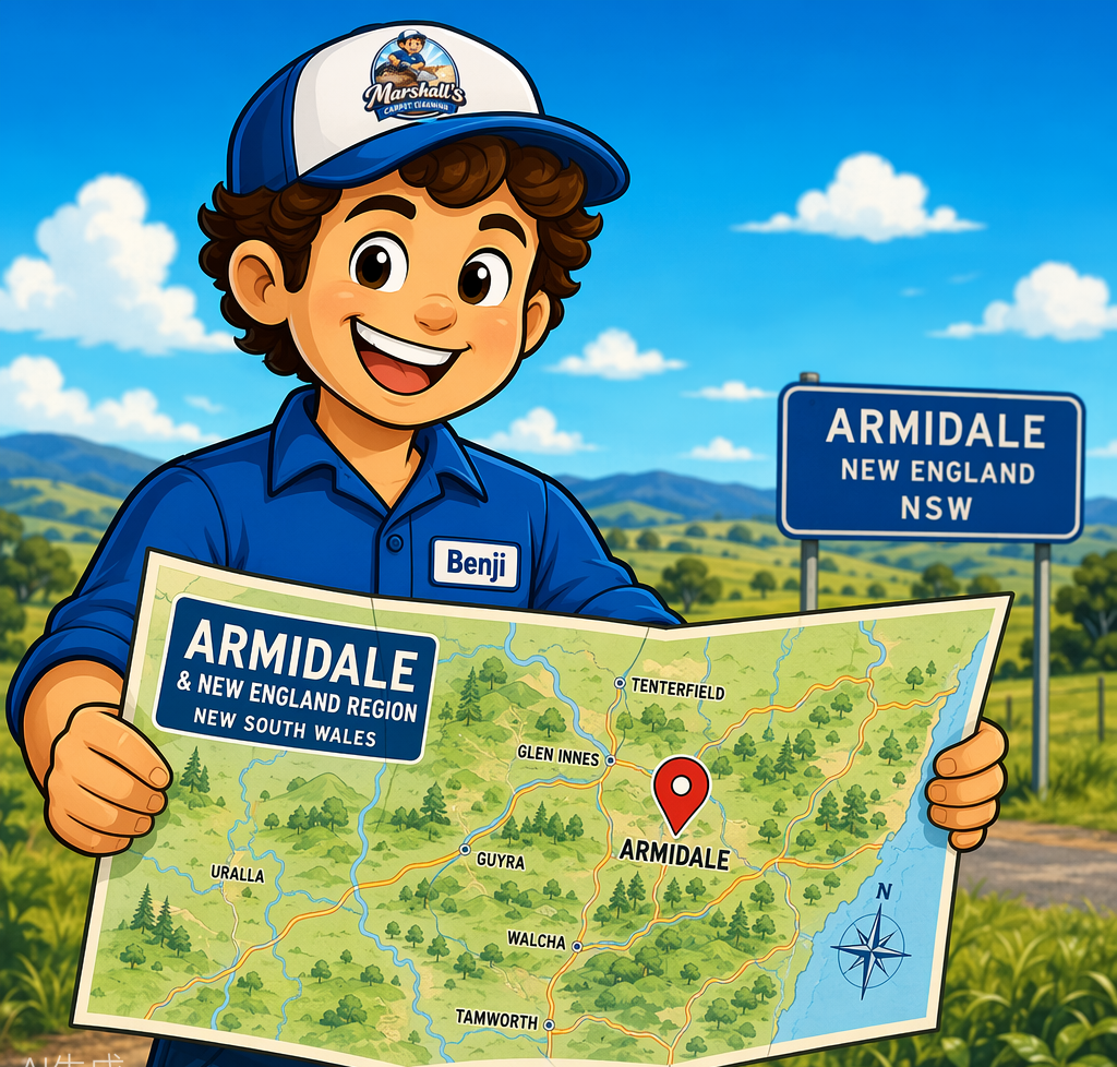 Animated boy wearing a blue shirt and cap with "Marshall's Carpet Cleaning" logo, holding a map of Armidale, New South Wales, Australia, with a sign indicating the location in Armidale, New England, NSW.