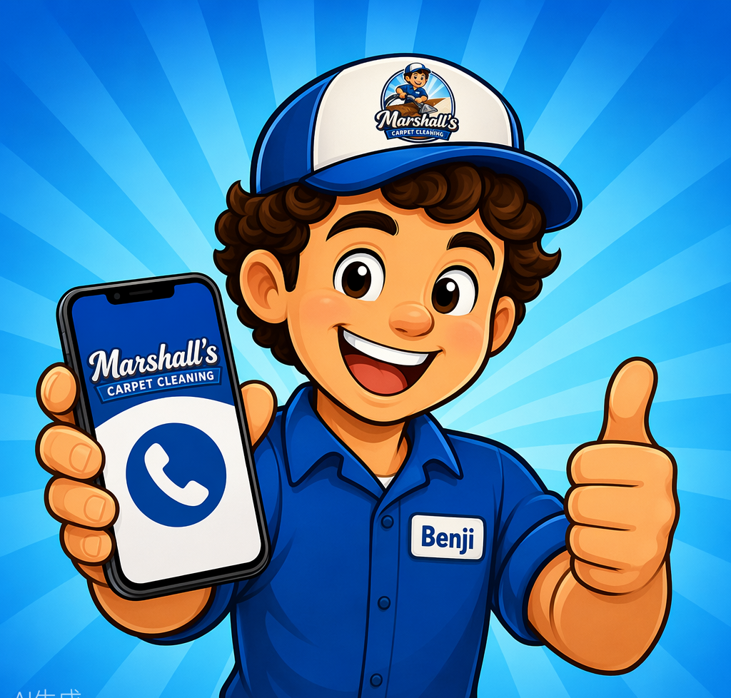 A cartoon character wearing a blue uniform and a cap with the Marshall's Carpet Cleaning logo, holding a phone displaying a call icon, giving a thumbs-up, and smiling.