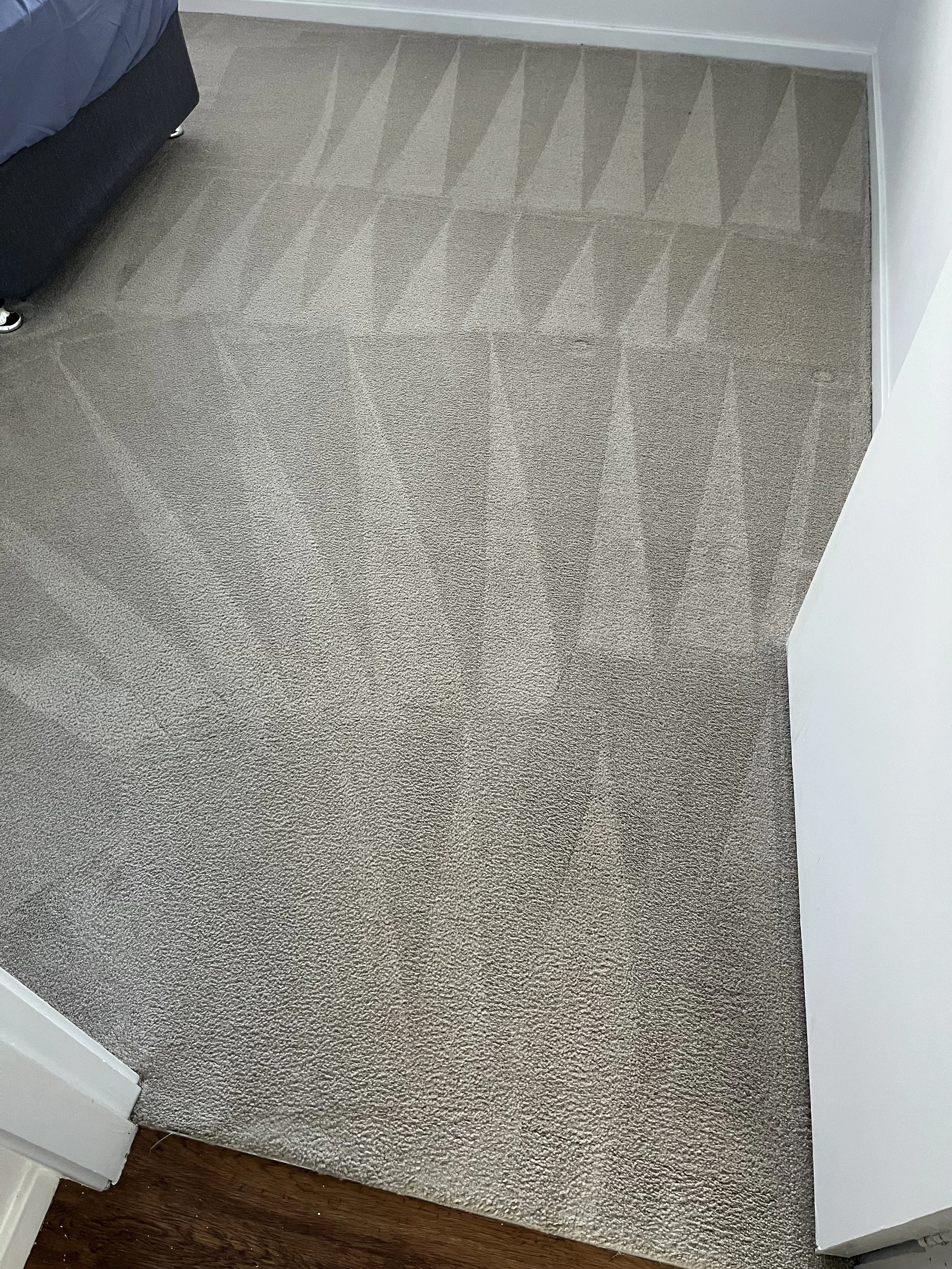 A beige carpeted floor near a white wall and a white door frame, with part of a bed and a black piece of furniture visible.