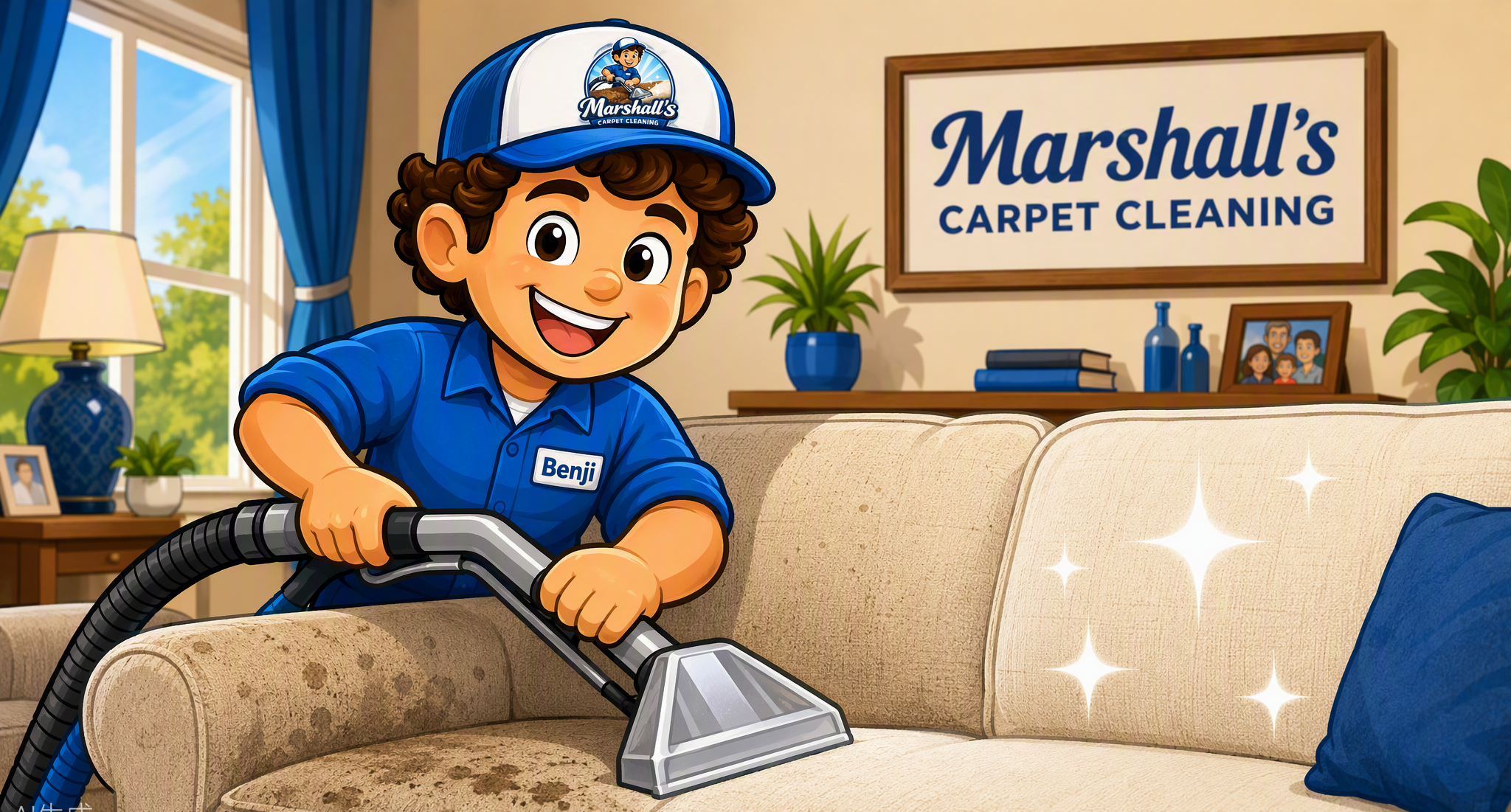 A young boy with curly hair, wearing a blue shirt with a name tag that reads ‘Benji’, is vacuuming a beige sofa. He is smiling and wearing a blue cap with the logo of Marshall's Carpet Cleaning. Behind him, a framed sign reads ‘Marshall's Carpet Cleaning’ in blue letters, with a potted plant and family photograph in the background.