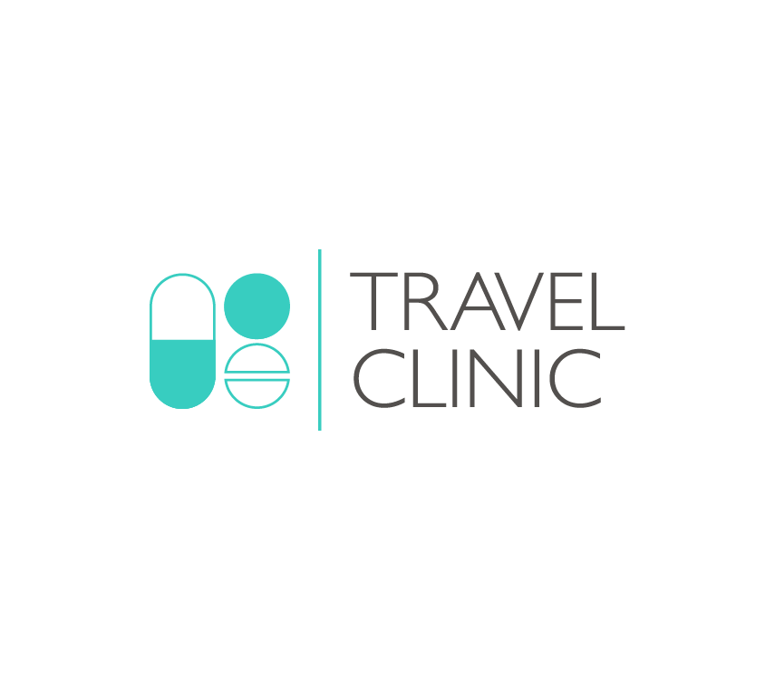Logo for Travel Clinic featuring a stylized capsule and a person with a travel-related theme.