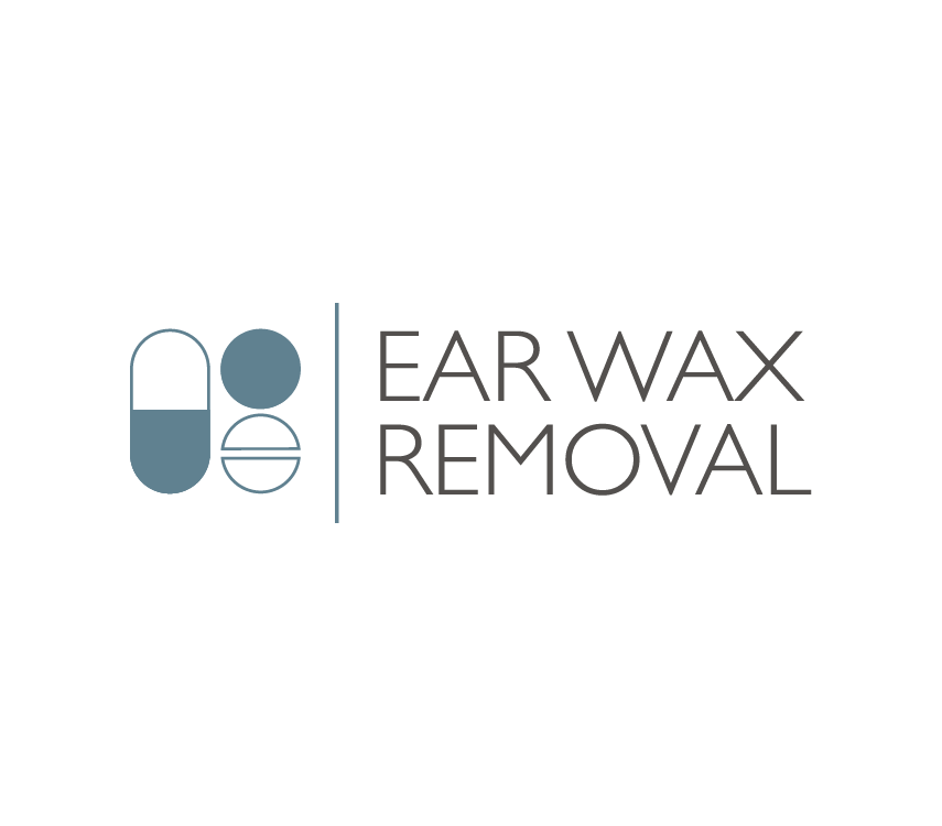 Logo for Ear Wax Removal featuring a blue capsule, a round shape, and the text 'Ear Wax Removal' in gray.