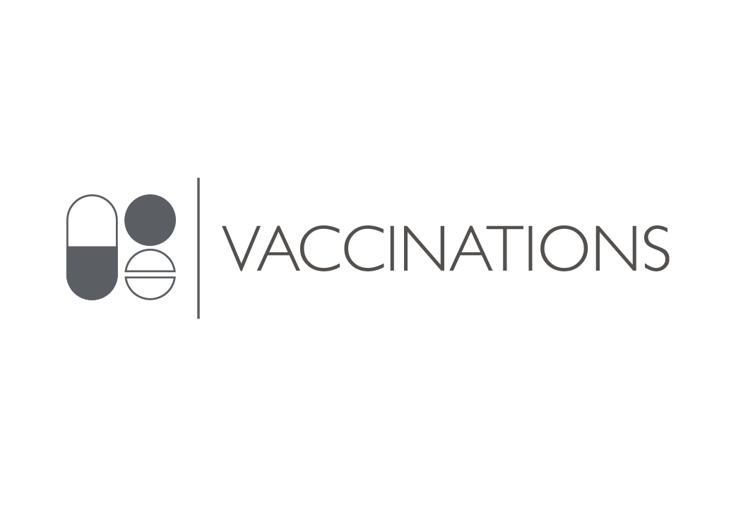 A logo with an icon of medicine pills and a circle, separated by a vertical line from the word 'VACCINATIONS' in black text.