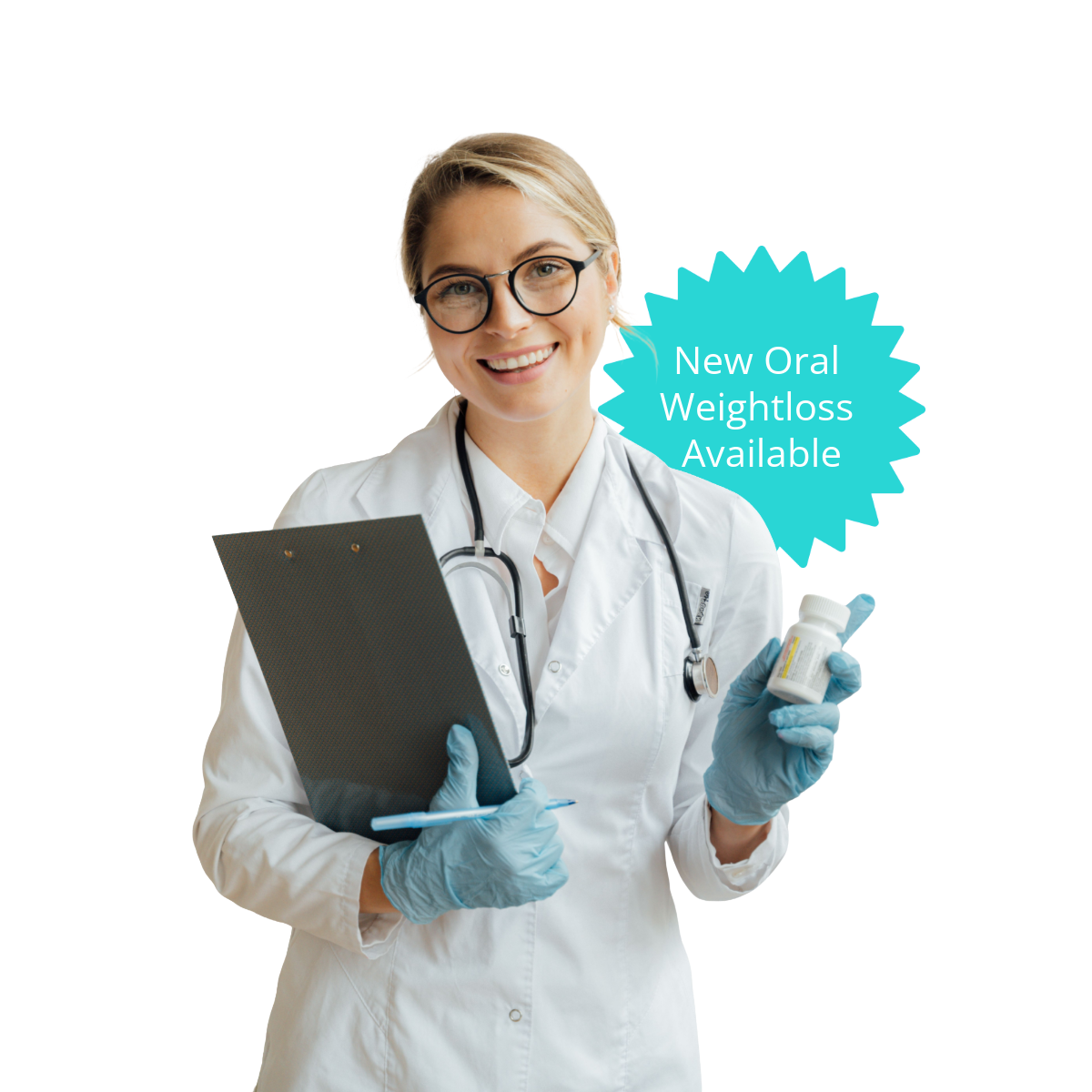Smiling female doctor in white coat with stethoscope holding prescription bottle and clipboard, promoting new oral weight loss medication.