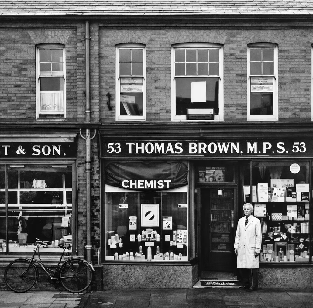 Black and white photo of a shop front with the sign '53 Thomas Brown, M.P.S. 53' and 'Chemist'. A man in a white coat stands outside. A bicycle is parked in front, and the shop window displays various products.