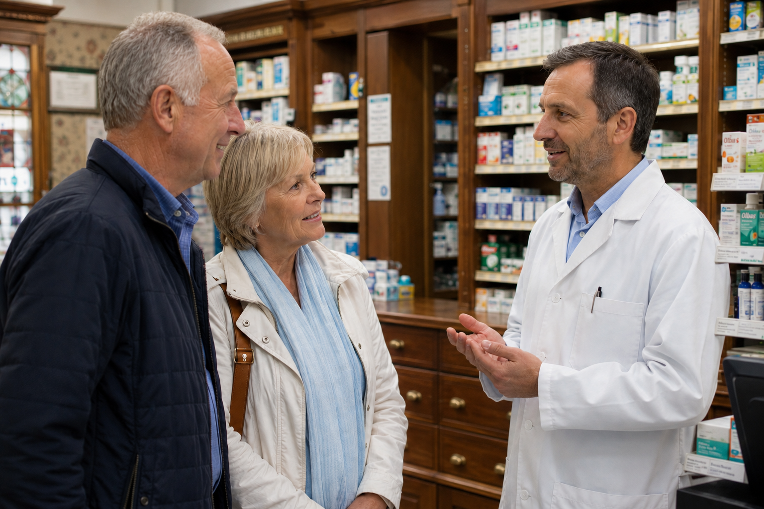 A pharmacist talking to an elderly couple in a pharmacy store.