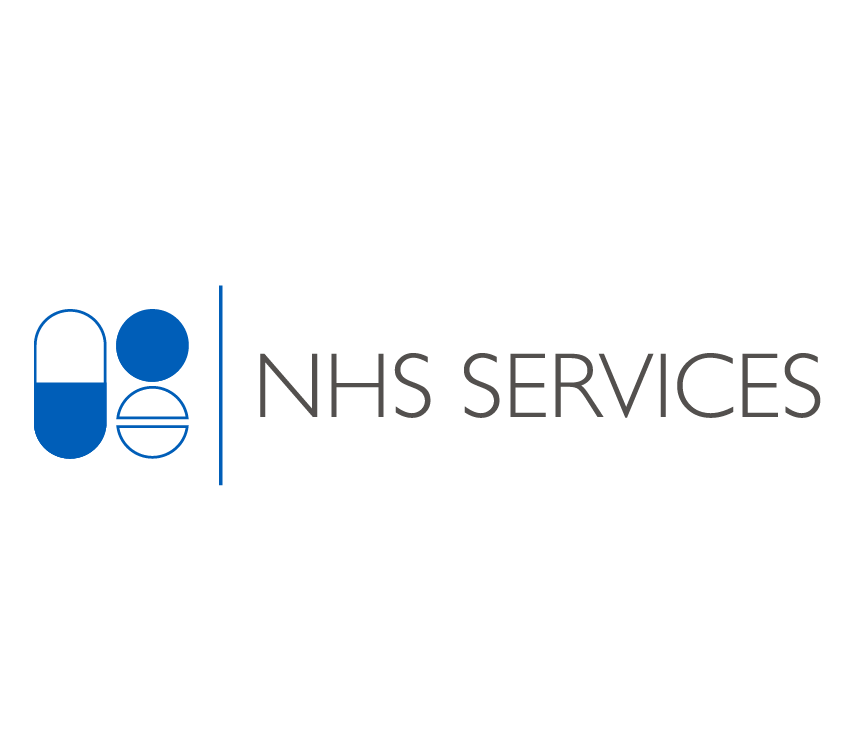 Logo for NHS Services featuring medical pill icons and text.