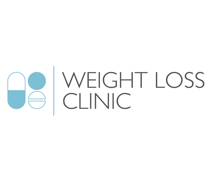 Logo for Weight Loss Clinic featuring a blue pill and capsule icon next to the text.