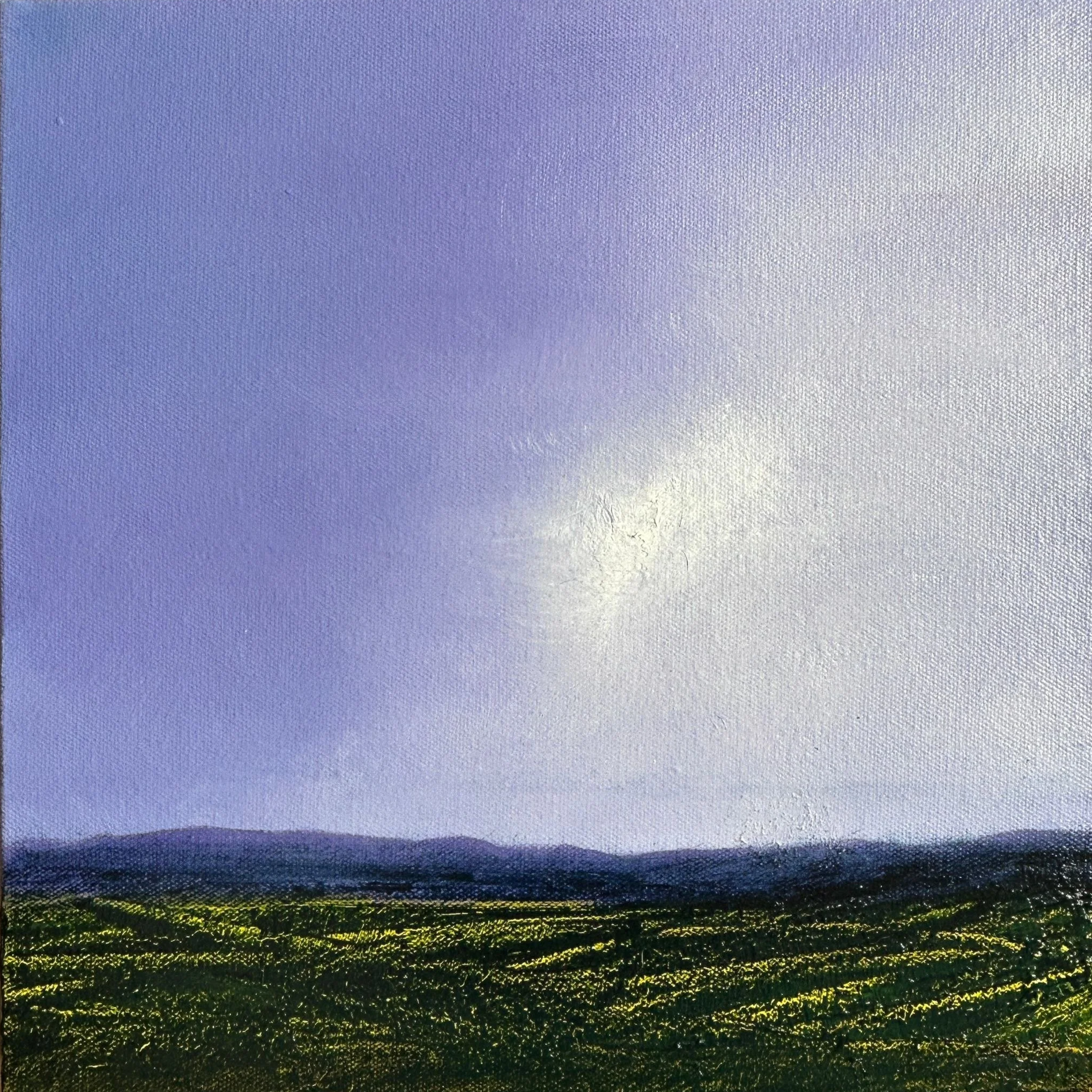 A landscape painting divided into three sections. The upper section depicts a lavender sky, the middle section shows a blue ocean, and the lower section features a grassy field with yellow highlights.