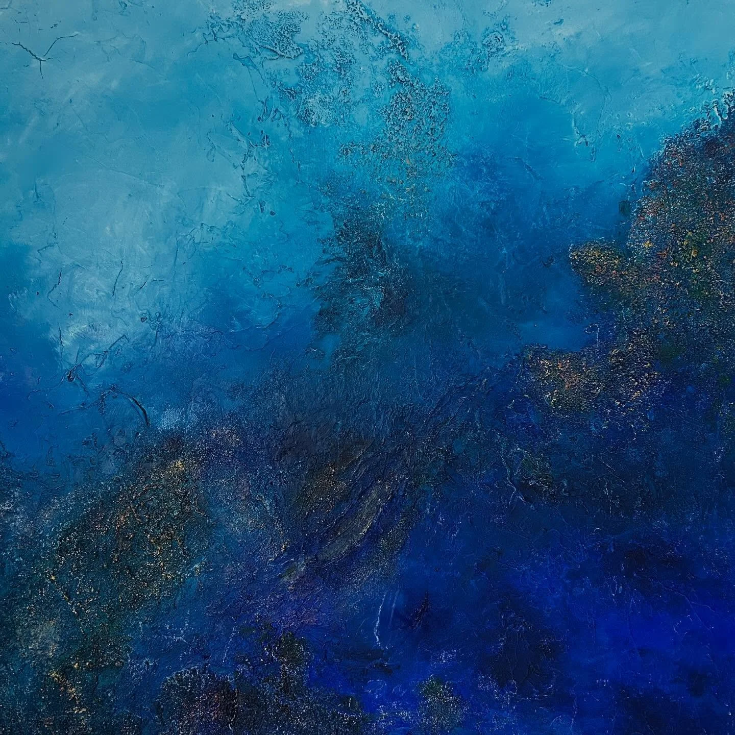 Luminous layers of blues. Mixed media original painting.