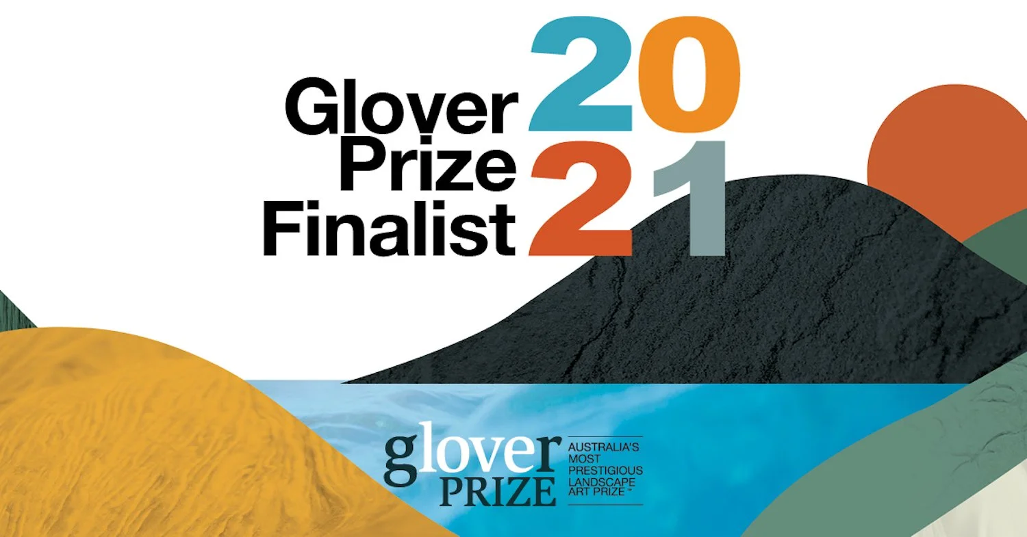 2021 Glover Prize finalist announcement with colorful abstract landscape background, including mountains, water, and terrain, featuring text highlighting the prize as Australia's most prestigious landscape art award.