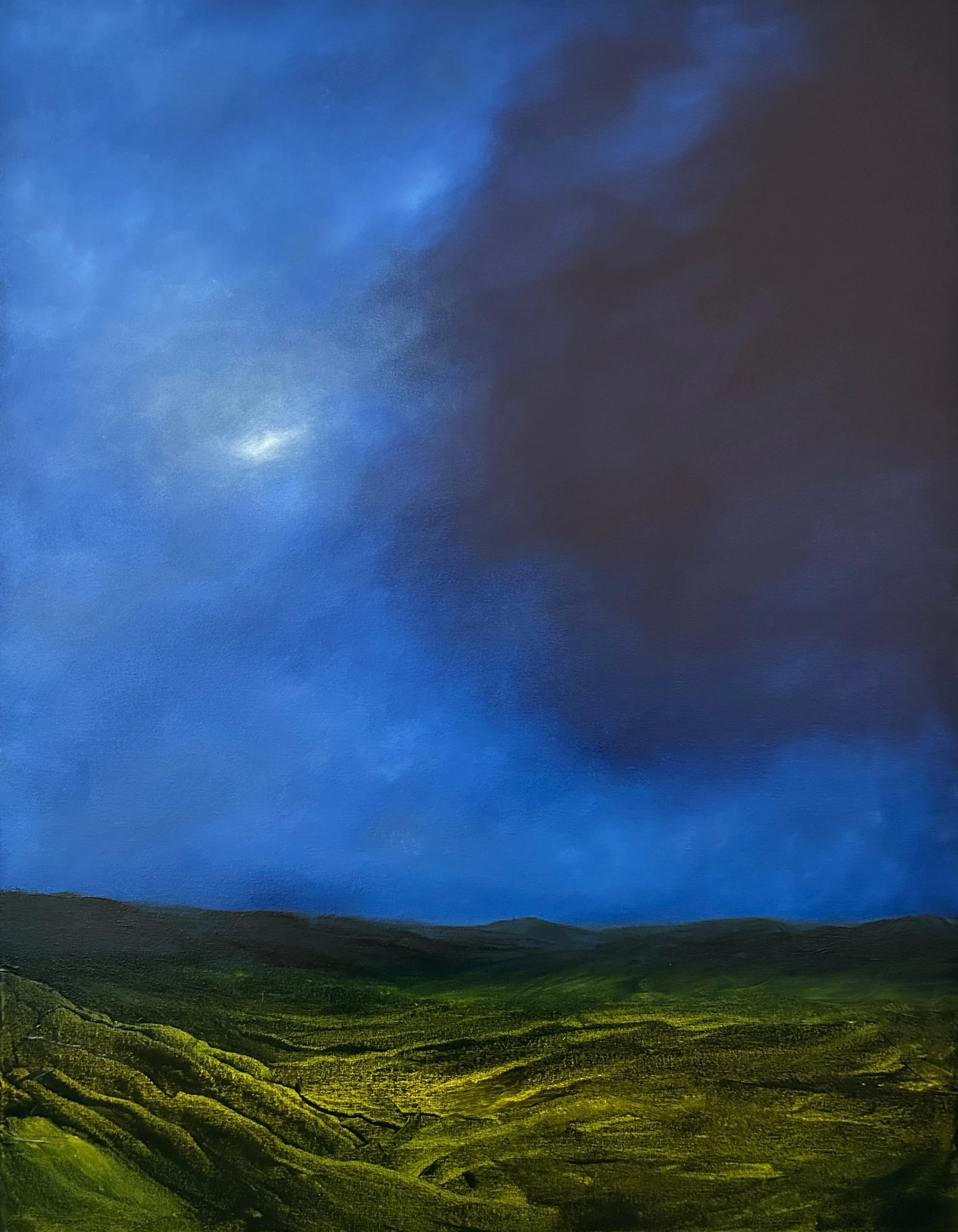 A landscape painting with a green forested area at the bottom, dark middle ground, and a blue sky with dark clouds.