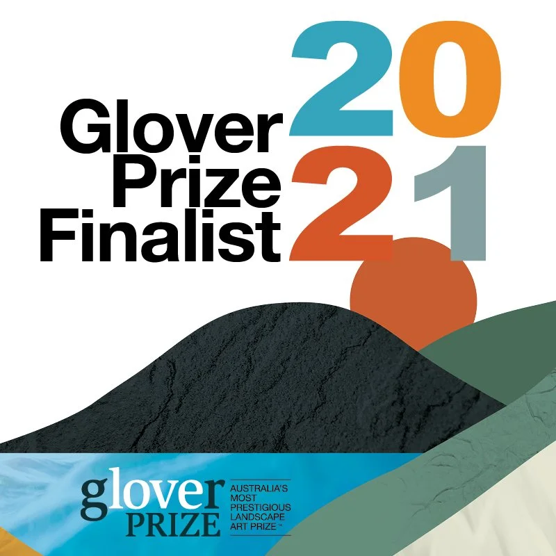 Logo and text indicating Glover Prize Finalist for 2021, Australia’s most prestigious landscape art prize, with abstract background shapes in black, green, yellow, orange, and blue.