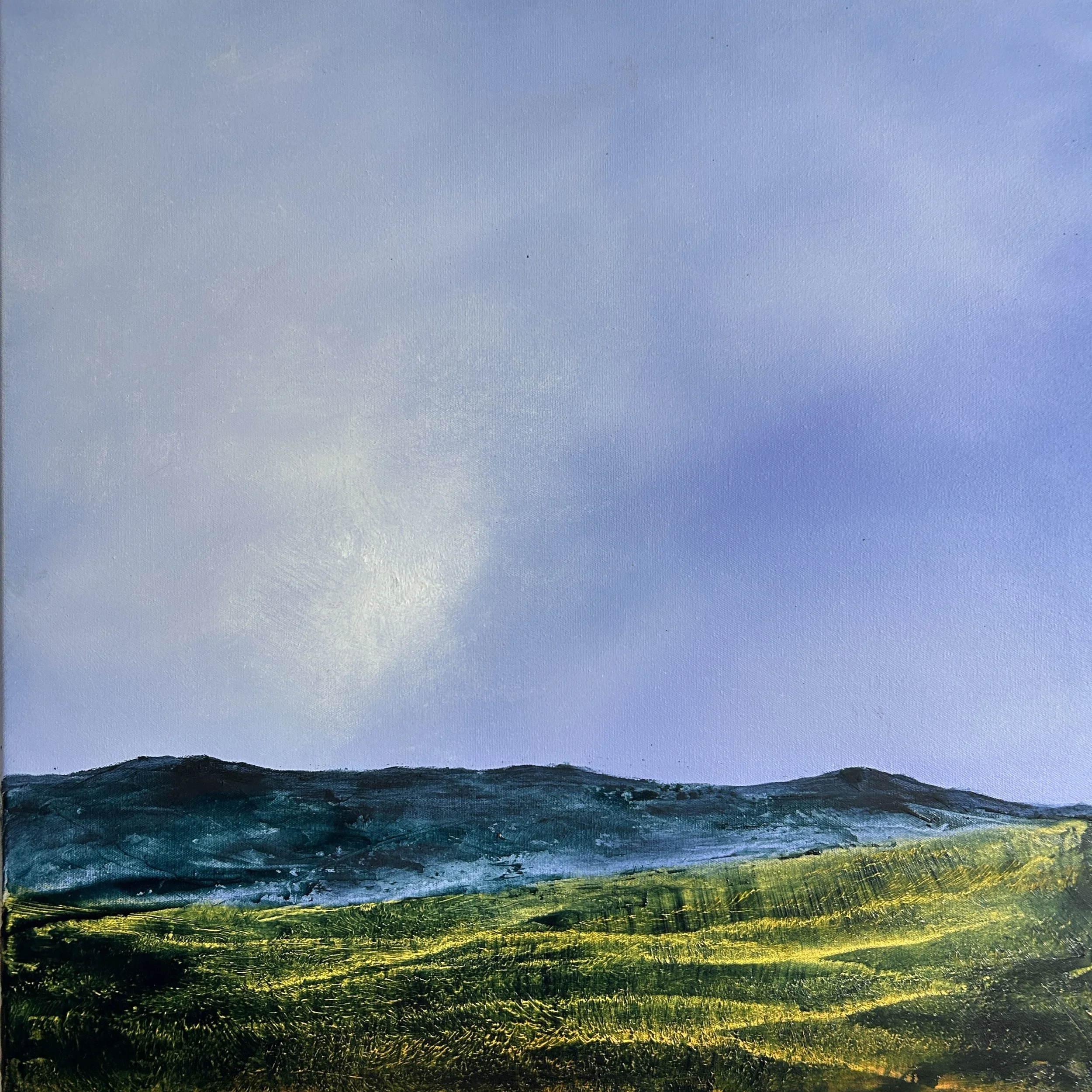 An abstract painting with horizontal bands of color, including shades of blue, green, and yellow, with visible brushstrokes and textured layers.