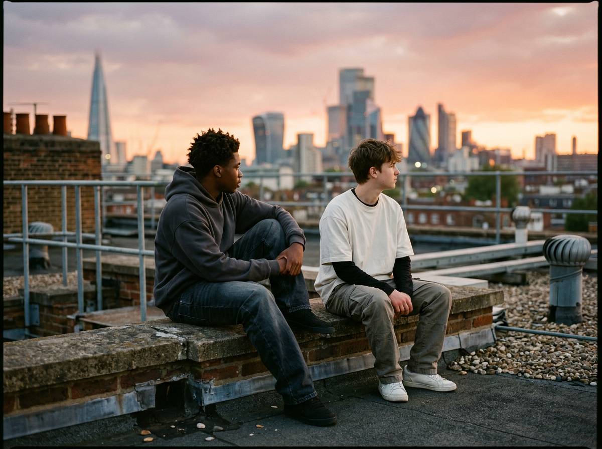 Two young men sit on a rooftop ledge overlooking a city skyline at sunset.