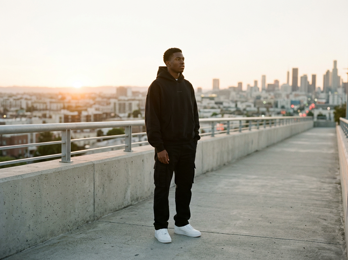A young man in black hoodie and black pants standing on a rooftop with city skyline at sunset in the background.