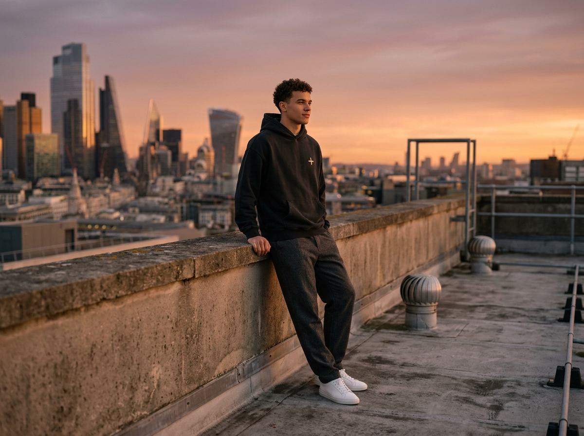 A young man in a black hoodie and dark pants leaning against a rooftop wall, with a city skyline at sunset in the background.