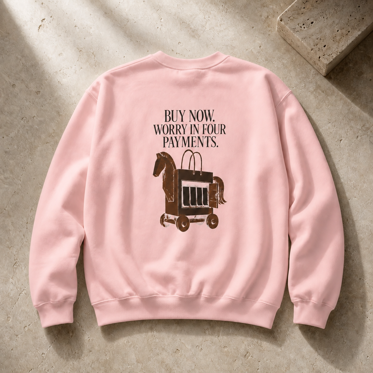 Buy Now. Worry in Four Payments. | Consumerism Satire | Men's Crewneck Sweatshirt