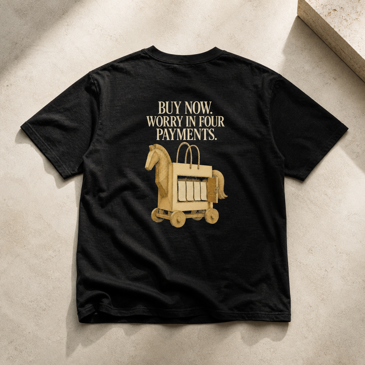 Buy Now. Worry in Four Payments. | Consumerism Satire | Men's T-Shirt
