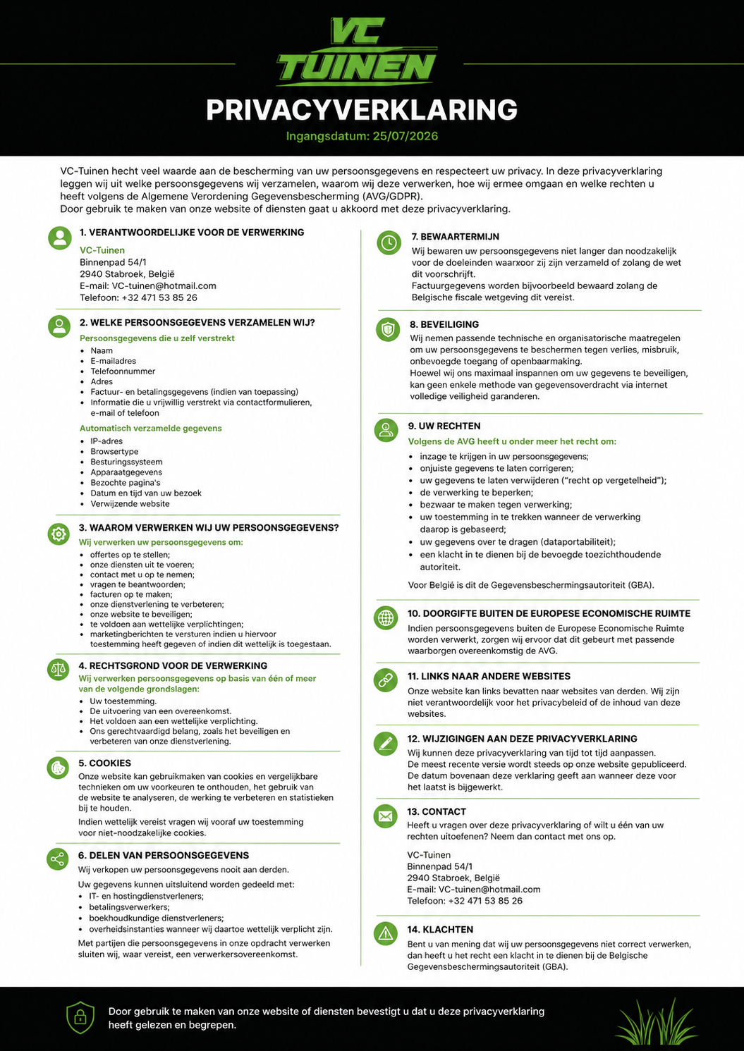 Privacyverklaring document van VC-Tuinen