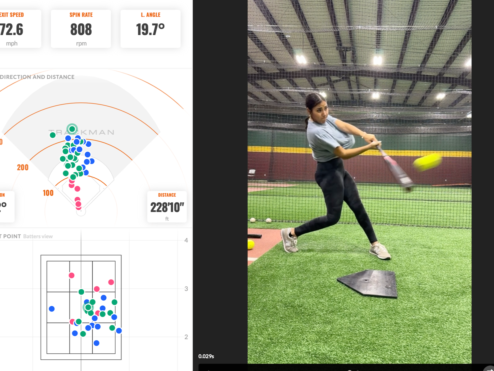 A woman in a gray t-shirt and black leggings is practicing batting in a batting cage. She is swinging a bat at a yellow ball inside an indoor sports facility with green turf and a netted ceiling.