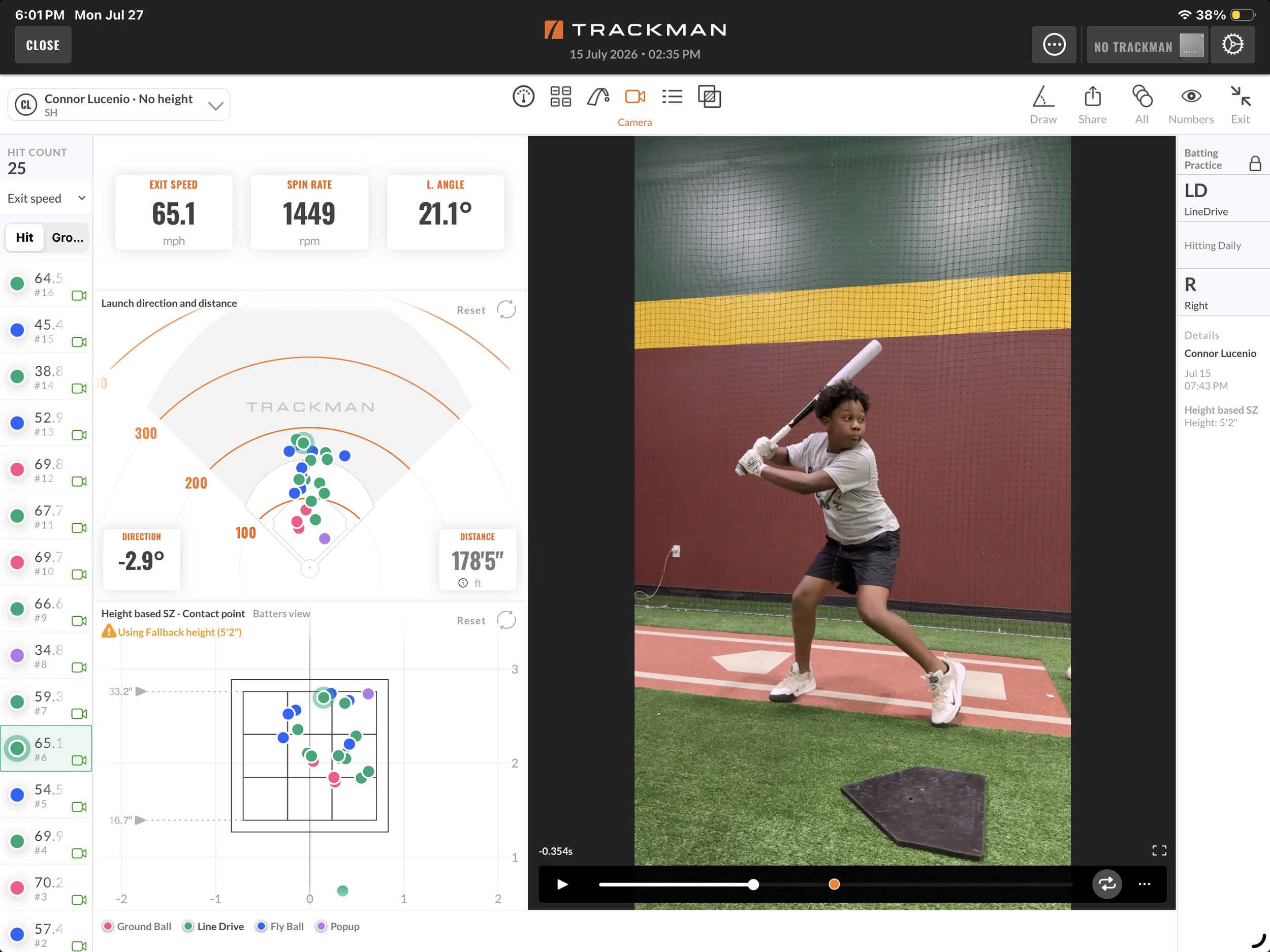 A young boy in a white shirt and black shorts practicing baseball indoors. He is holding a bat and appears to be preparing to hit a ball. The background shows a colorful wall with sections in green, yellow, and red. There is a black square pad on the floor and a baseball tee nearby. The screen displays various analytics related to the baseball practice, including exit speed, spin rate, launch angle, and a radar chart of the hit data.