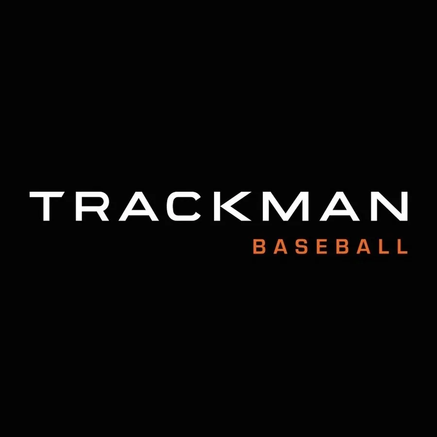 Logo for TrackMan Baseball with black background, white text for 'TrackMan' and orange text for 'Baseball'.
