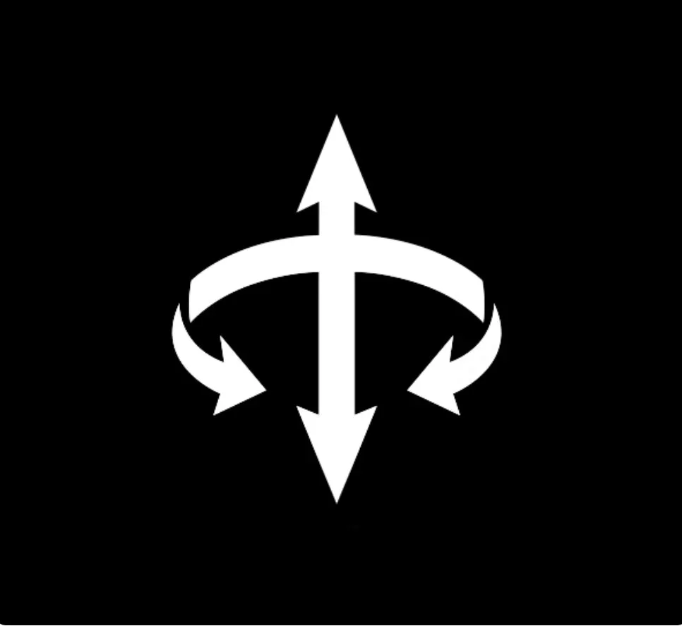 A black background with a white symbol consisting of an upward arrow crossing with a vertical line, surrounded by a curved arrow and two smaller curved arrows.