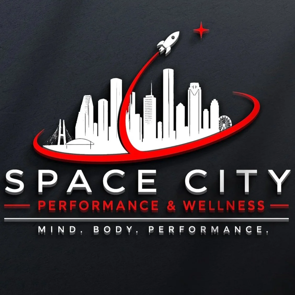 Logo for Space City Performance & Wellness featuring a stylized city skyline with a rocket launching into space against a dark background, with red and white accents and the text 'SPACE CITY PERFORMANCE & WELLNESS' and the slogan 'Mind, Body, Performance.'