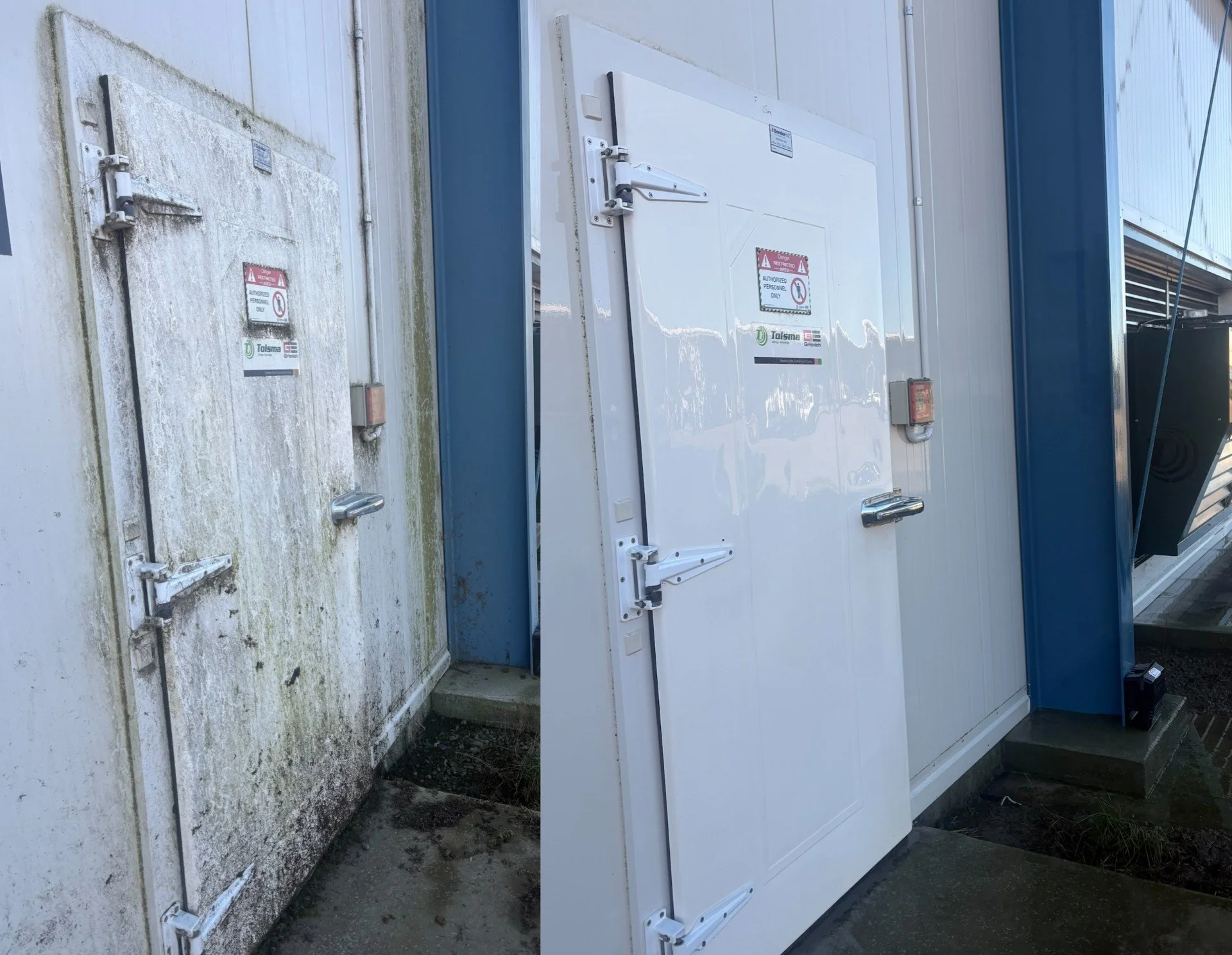 Comparison of two industrial freezer doors, with the old one on the left showing signs of dirt and moss, and the new one on the right appearing clean and white.