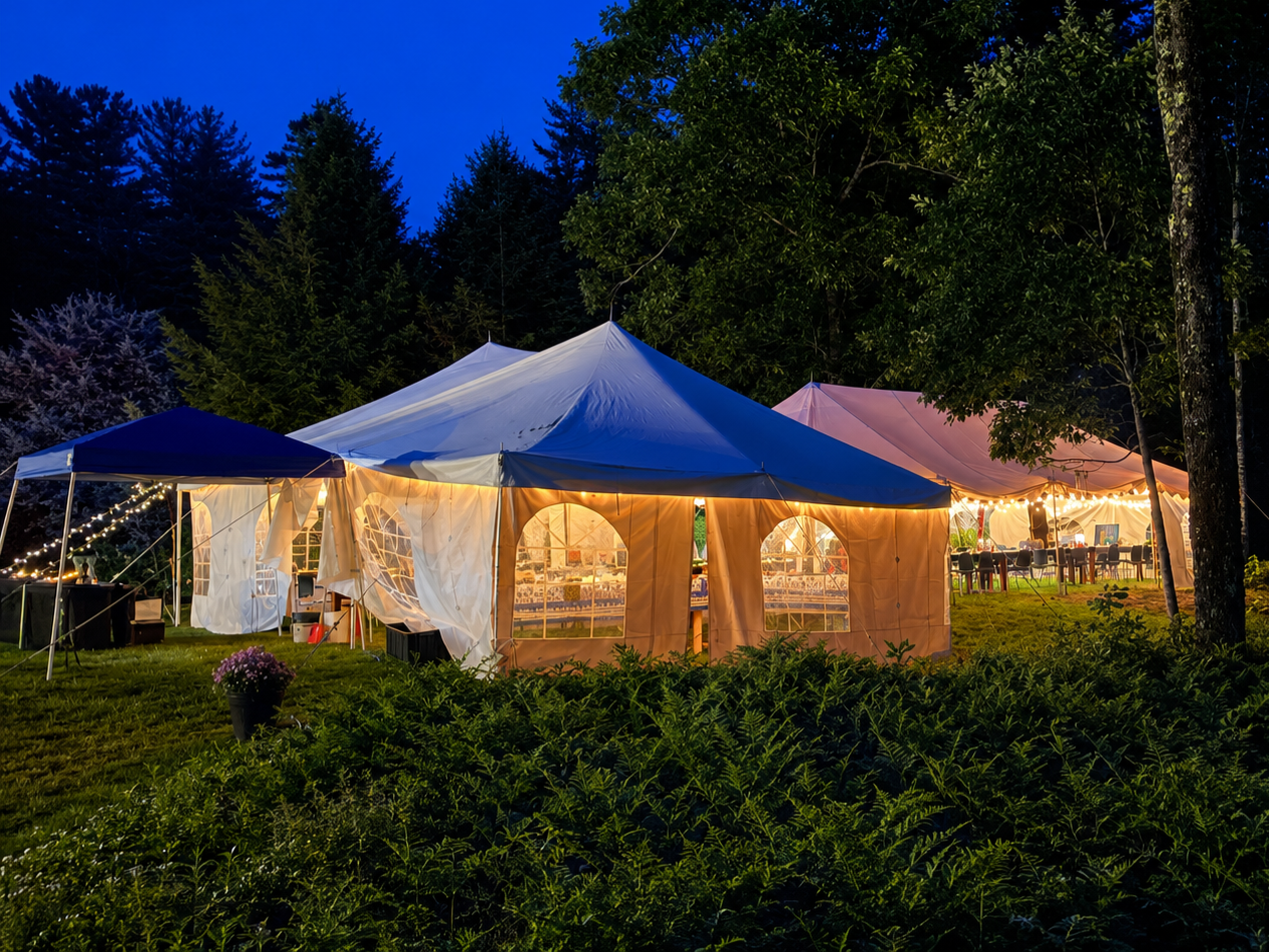 Outdoor evening event with illuminated tents in a lush garden surrounded by trees and shrubs.