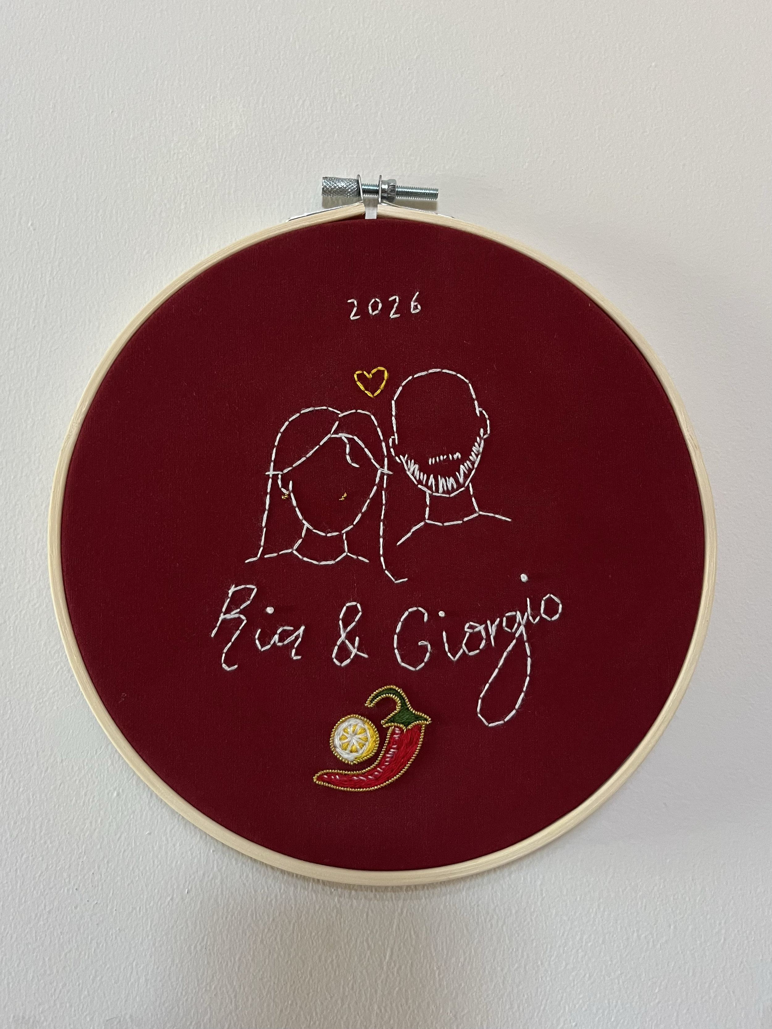 Wedding portrait using backstitch and goldwork