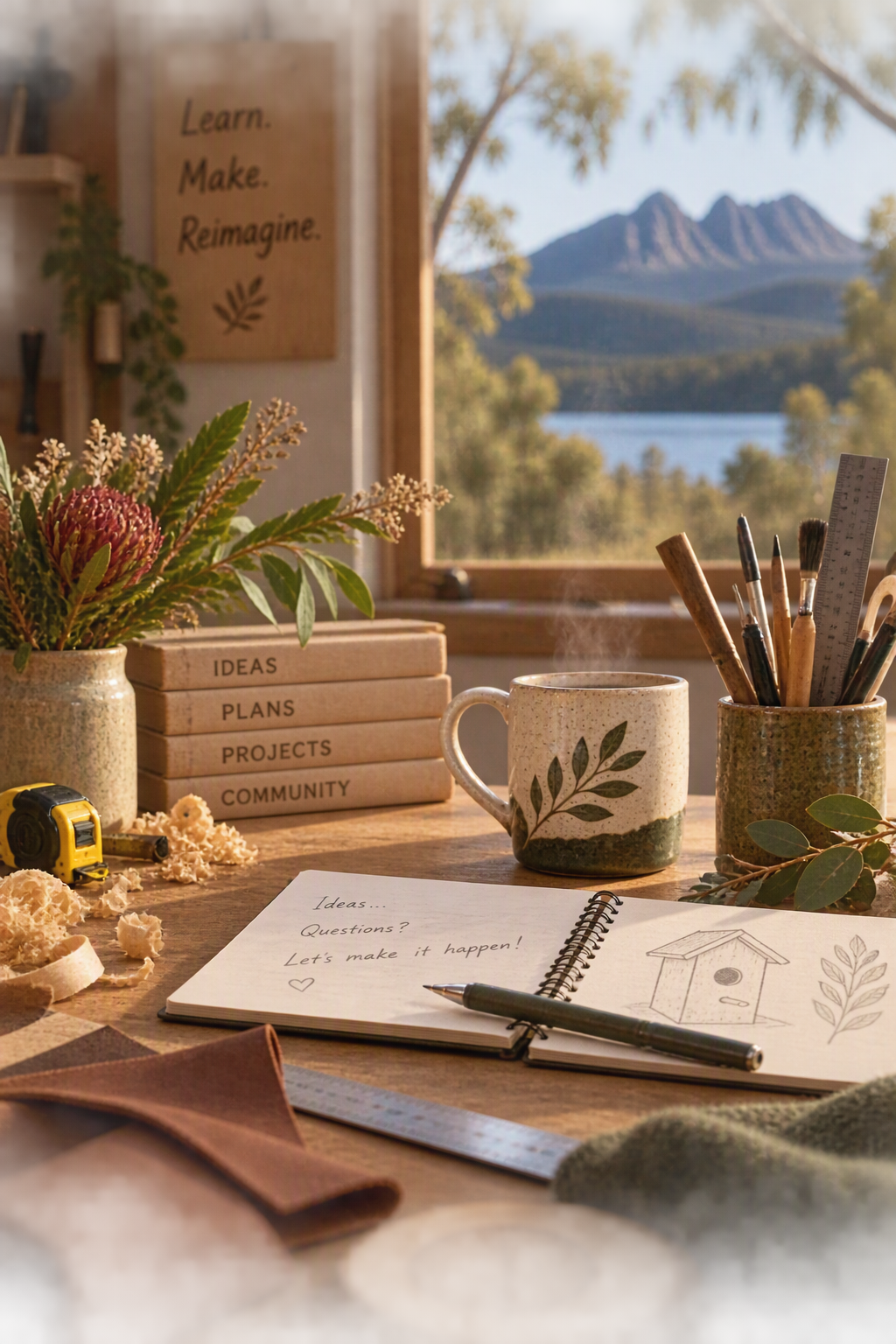 A cozy workspace with a view of mountains and water outside the window. On the desk are a notebook with handwritten notes, a cup with a greenery design, a container of brushes and tools, a bunch of books labeled 'Ideas,' 'Plans,' 'Projects,' and 'Community,' a small yellow tape measure, some wooden circles, and a ruler. There are also plants and decorative items, including a sign on the wall that says 'Learn. Make. Reimagine.'