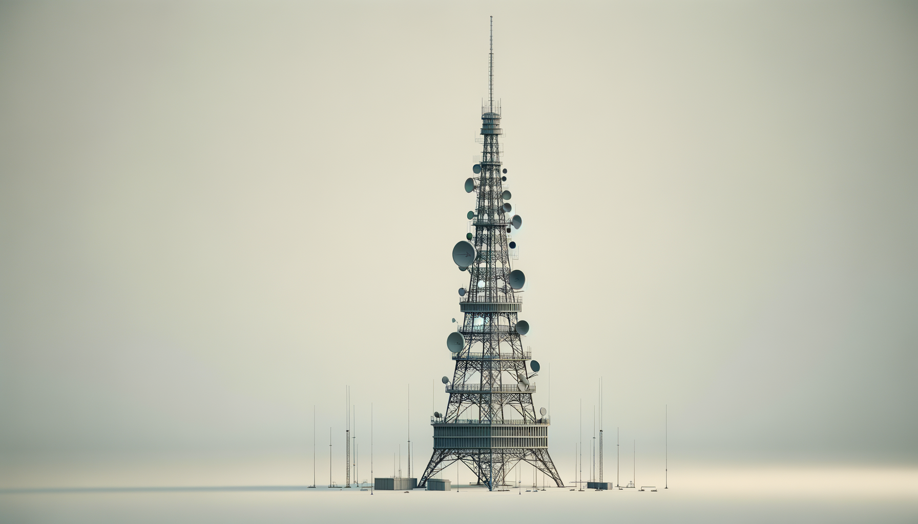 A tall communication tower with multiple antennas and satellite dishes against a pale sky.
