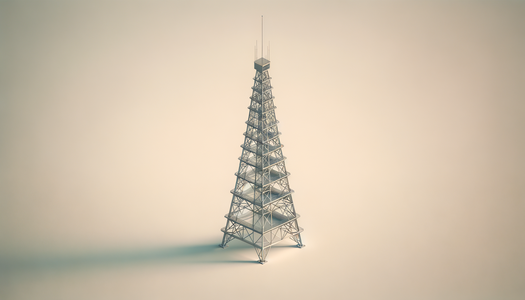 A miniature model of a tower resembling the Eiffel Tower on a plain beige background.