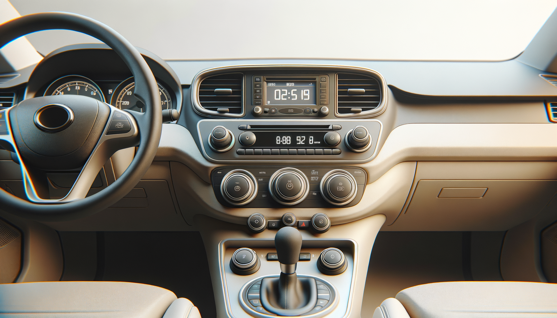 Interior of a car dashboard focusing on the steering wheel, digital and analog gauges, various controls, and a gear shift, with a bright and modern design.