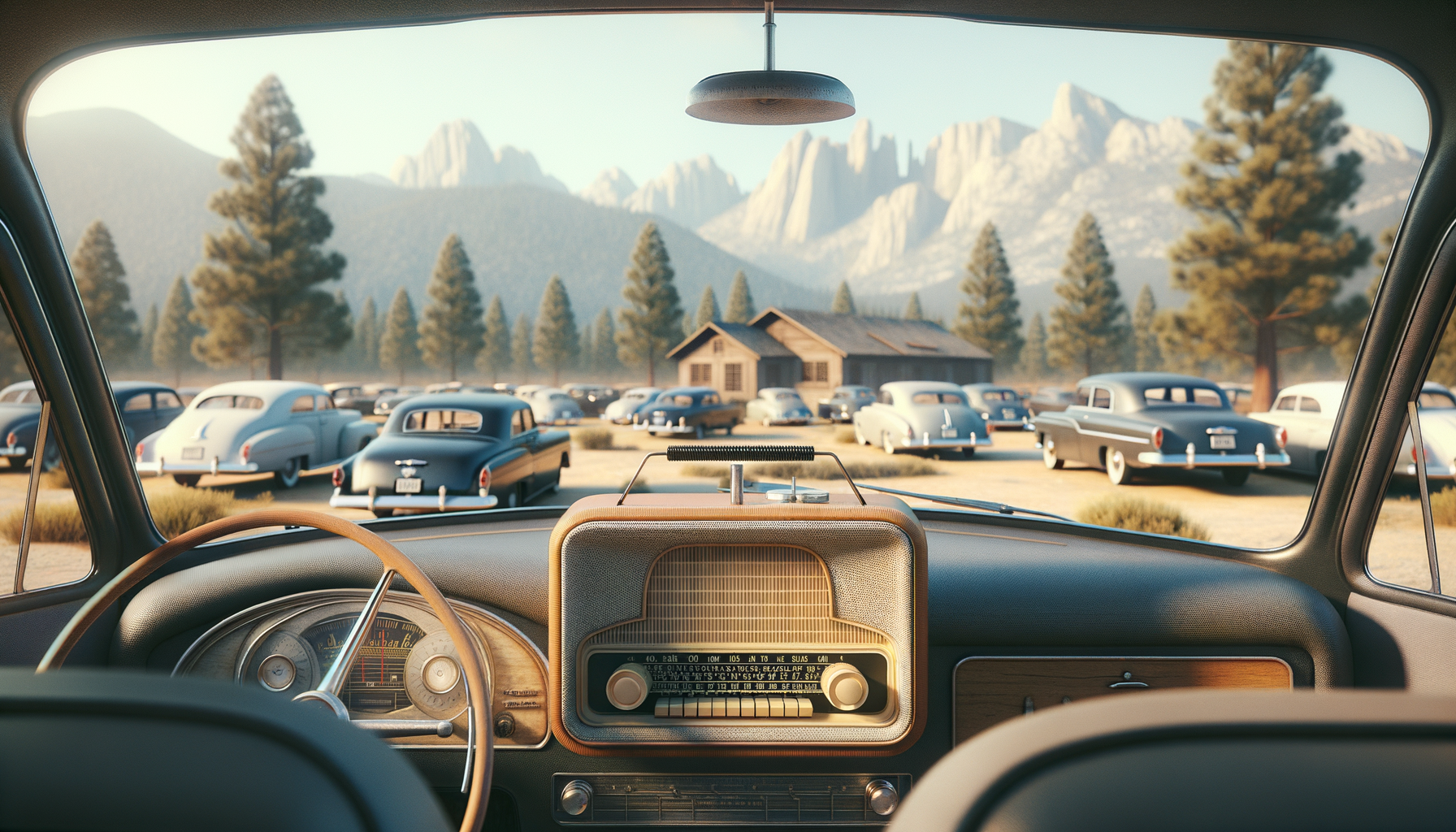 Inside view of a vintage car with a wooden dashboard, steering wheel, and old-fashioned radio, looking out onto a parking lot filled with classic cars, trees, a small house, and mountains in the background.