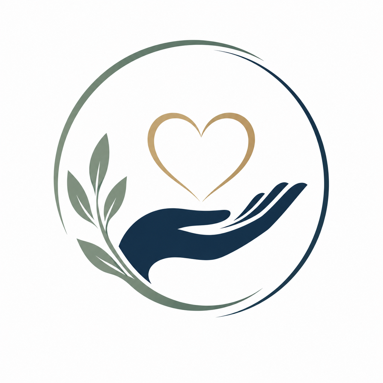 A logo featuring a stylized hand holding a heart, surrounded by a botanical element, all within a circular outline.