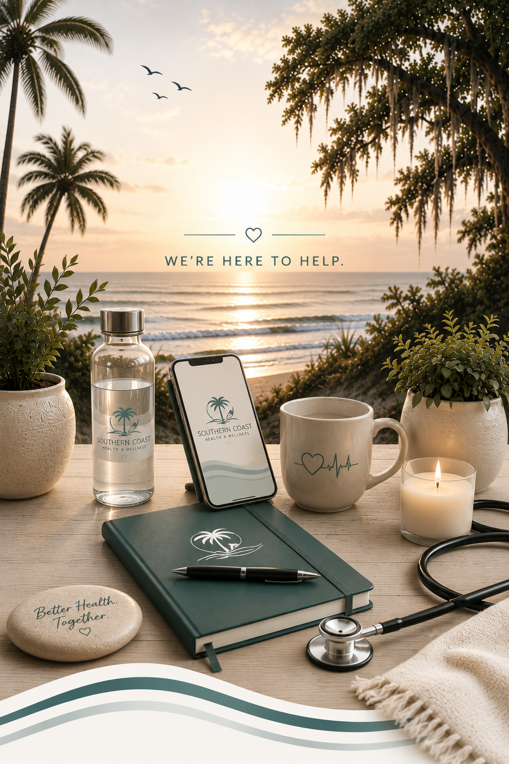 Beach scene with palm trees and sunset in the background. On a table in the foreground, there are two potted plants, a water bottle with a palm tree logo, a smartphone with a matching logo, a green notebook with a pen, a mug with a heart and heartbeat line, a lit candle, a stone with the words 'Better Health. Together.', and a stethoscope. The image includes the text 'WE'RE HERE TO HELP.'